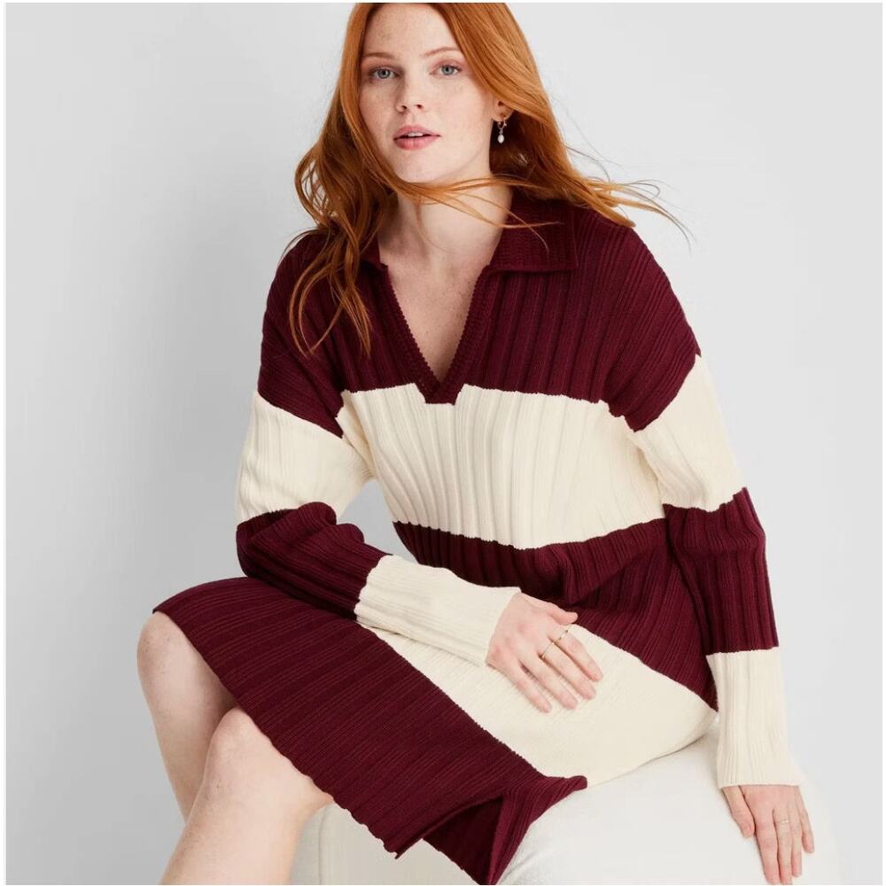 NWT Future Collective Women's Long Sleeve Rugby Mini Sweater Dress Burgundy XS